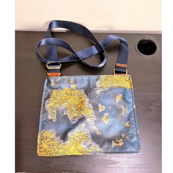 Patricia Nash Handbags - Patricia Nash Vintage Map Print Nylon Crossbody Bag Blue Yellow Slim Messenger